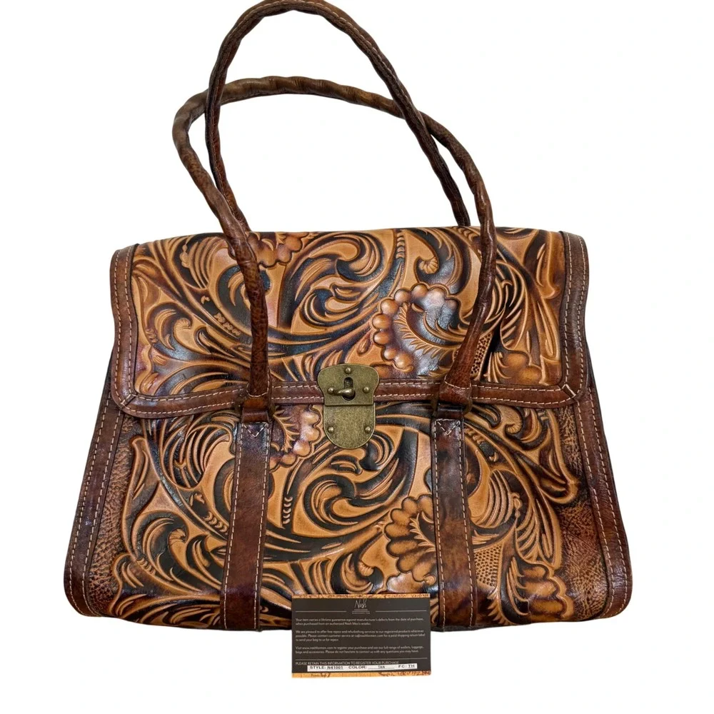$300 Patricia Nash Vienna Satchel Tuscan Tan Hand Tooled Leather Floral Handbag
